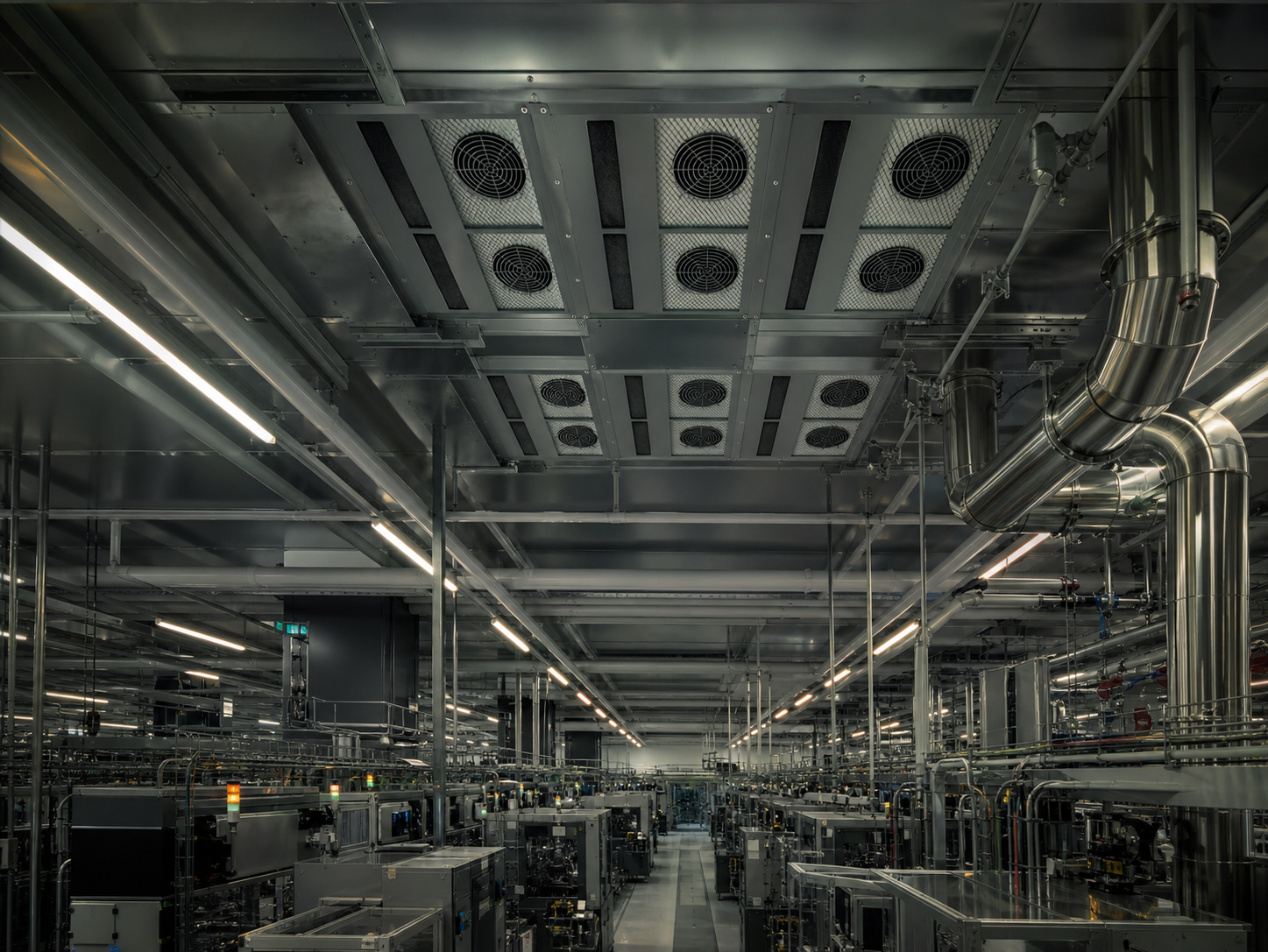 Filtered ceiling systems and service utilities above a controlled manufacturing environment
