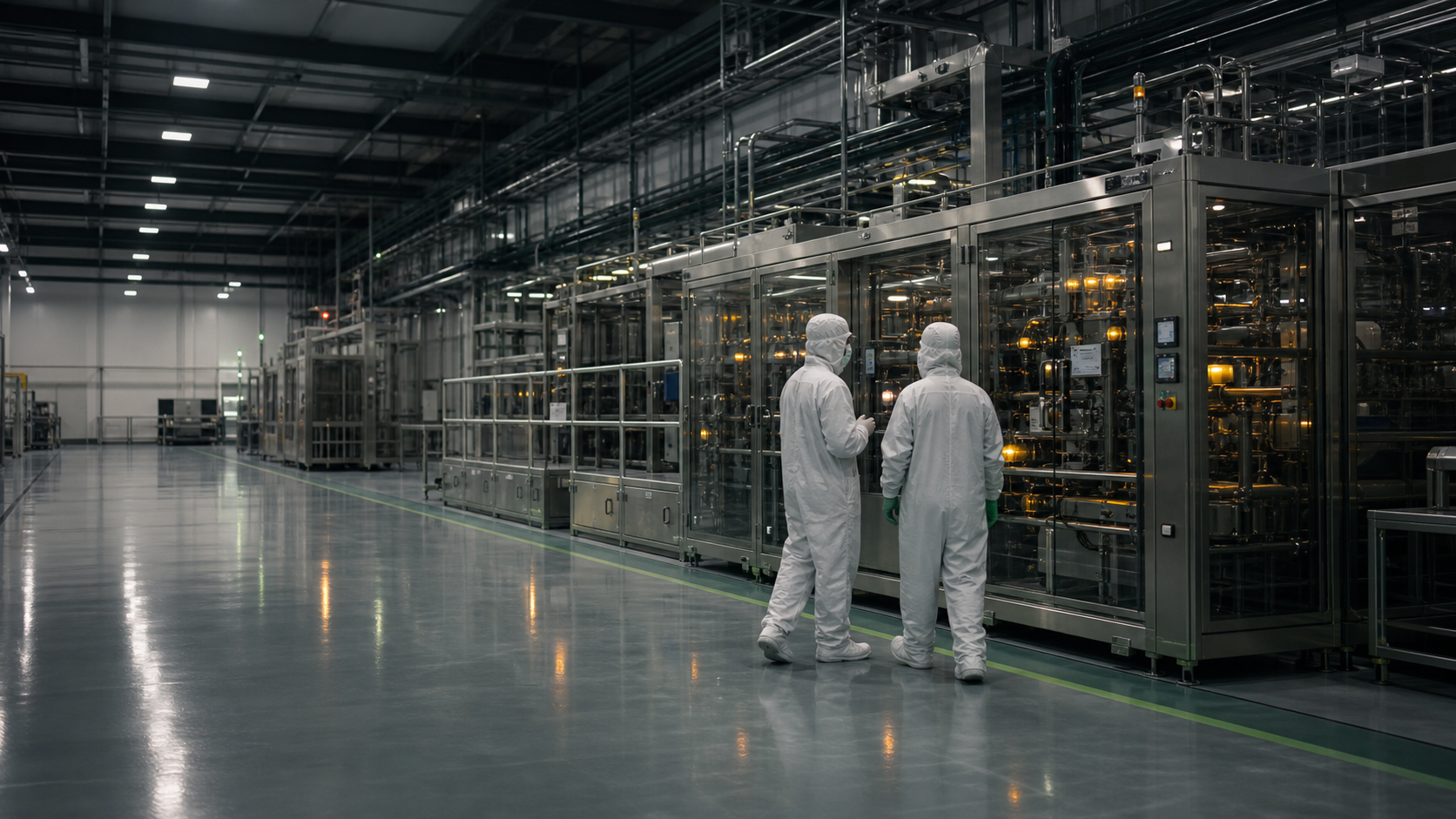 Technicians in a cleanroom manufacturing environment beside automated process equipment