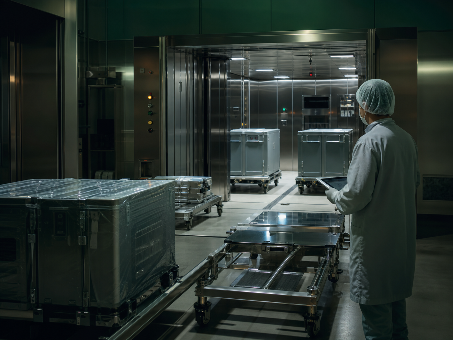 Technical specialist coordinating cleanroom-ready materials at a controlled facility interface